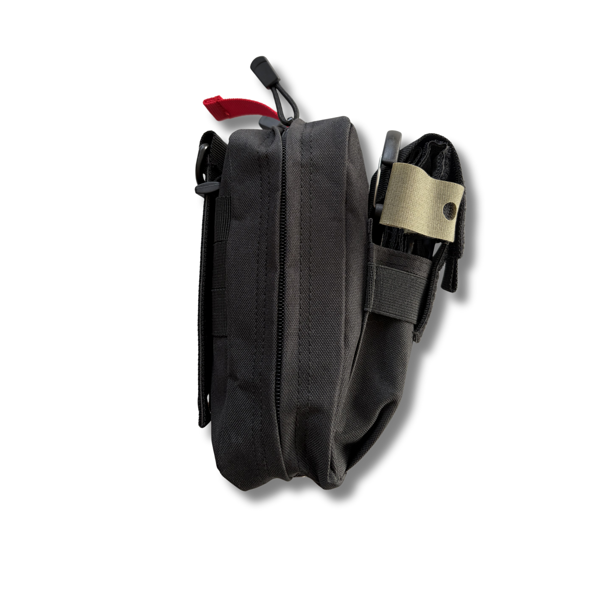Right-side view of the LifeSaver medical emergency pouch with black tourniquet