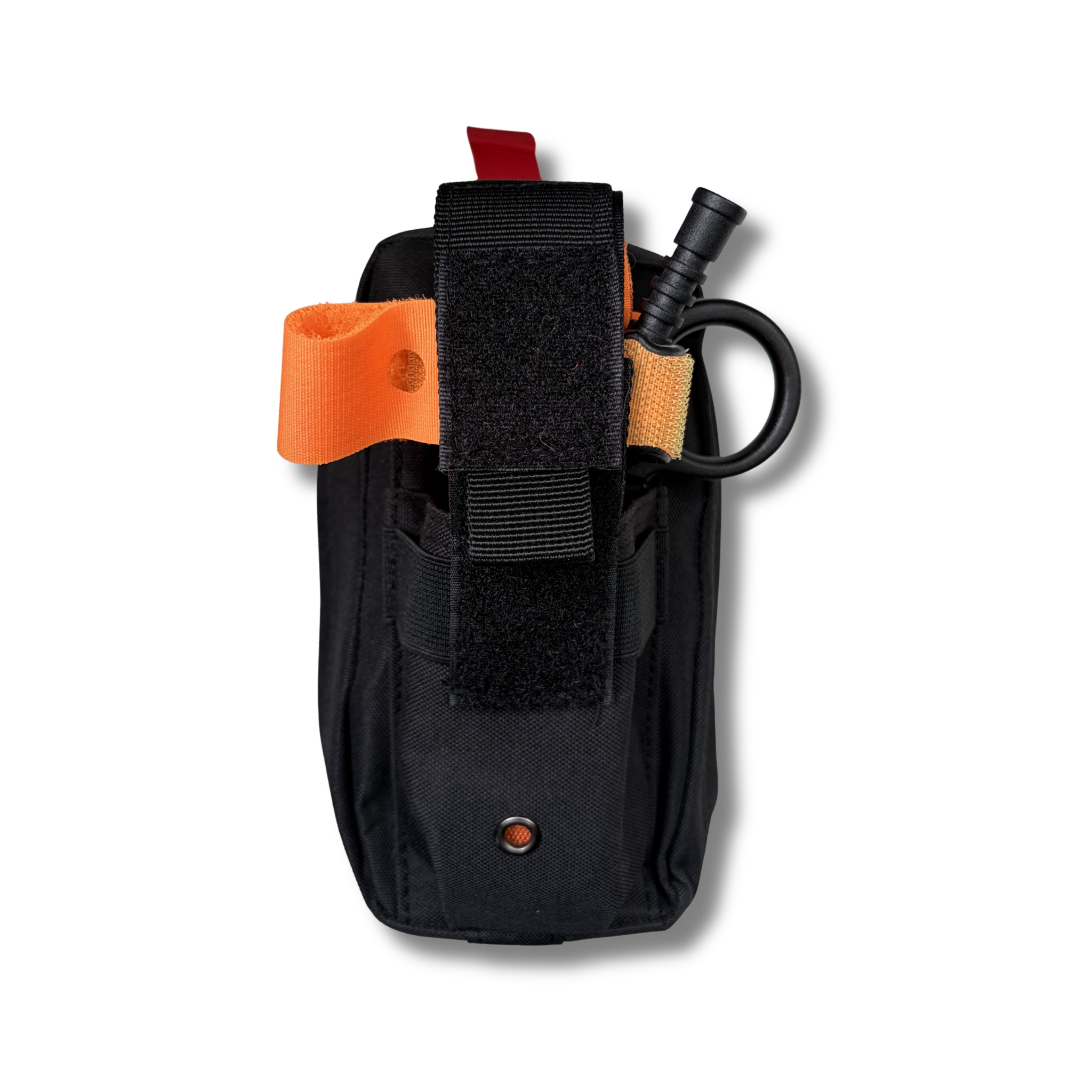 Front view of the LifeSaver medical emergency pouch with orange tourniquet