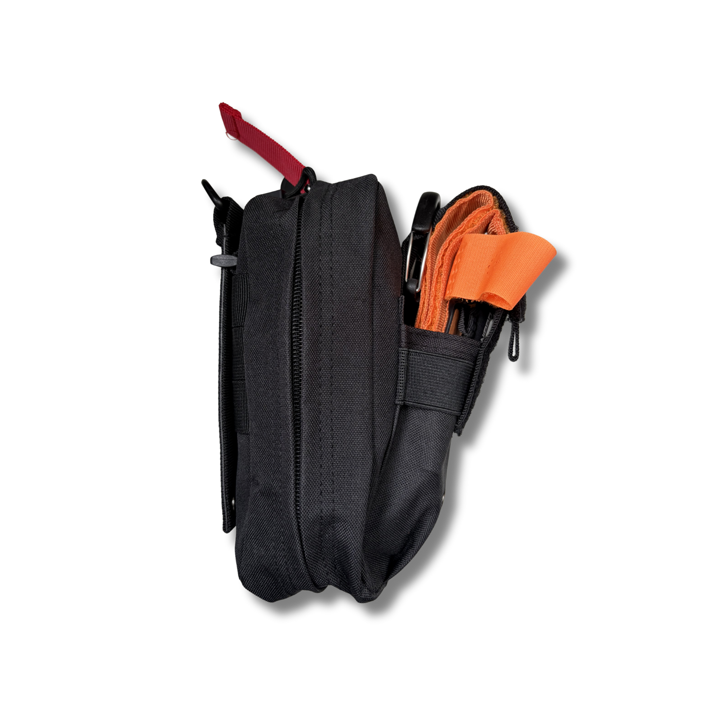 Right-side view of the LifeSaver medical emergency pouch with orange tourniquet