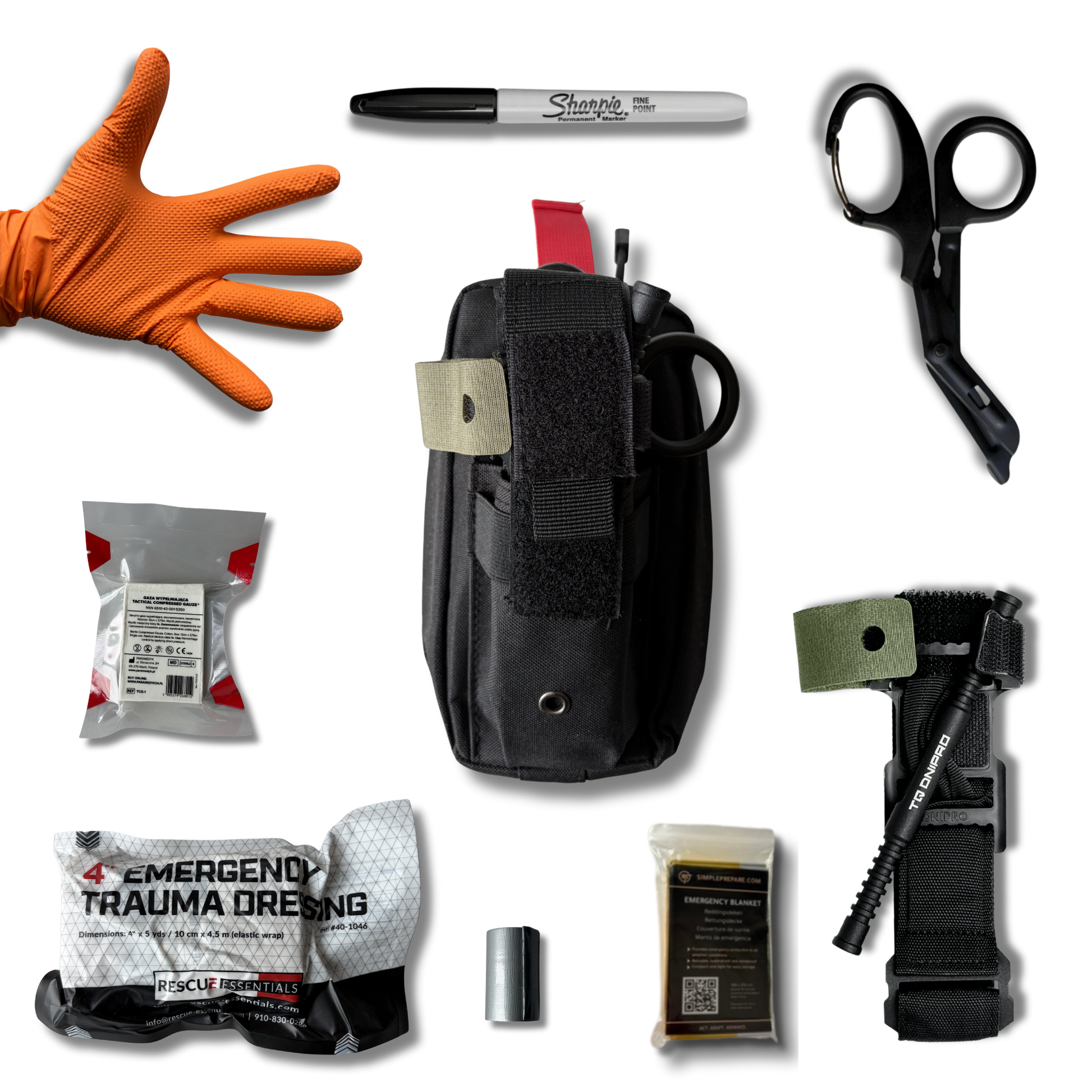 Contents of the LifeSaver kit with black TQ Dnipro Gen 2 tourniquet
