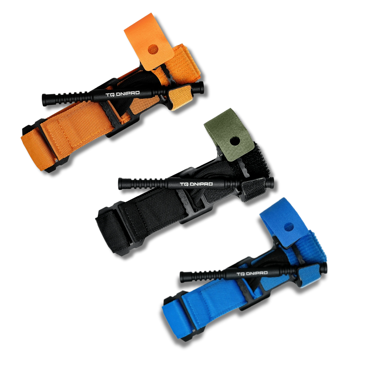 Dnipro Tourniquet Gen 2 tourniquets in orange, black and blue